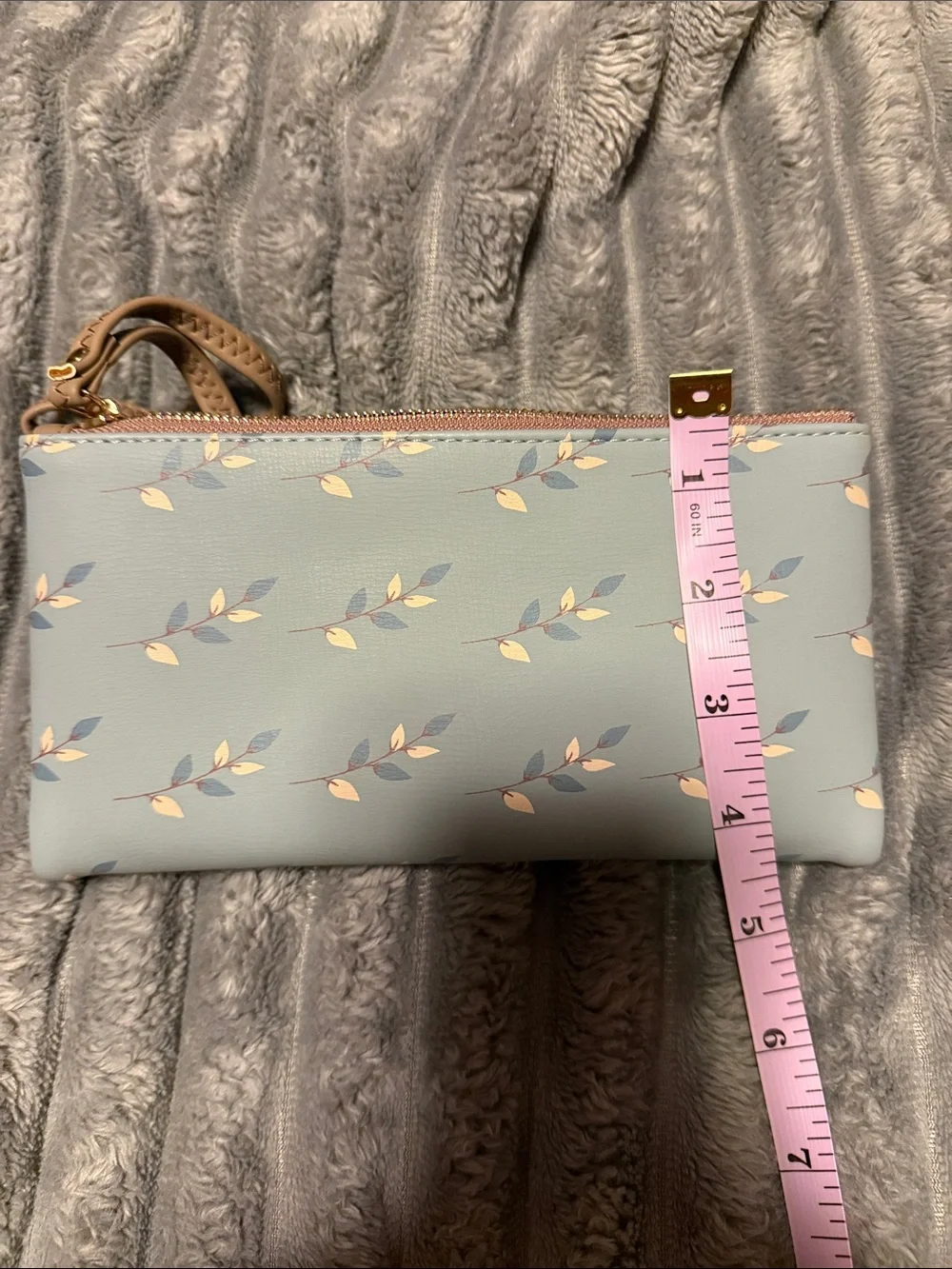 Light Blue Floral Wristlet Wallet with Tan Trim